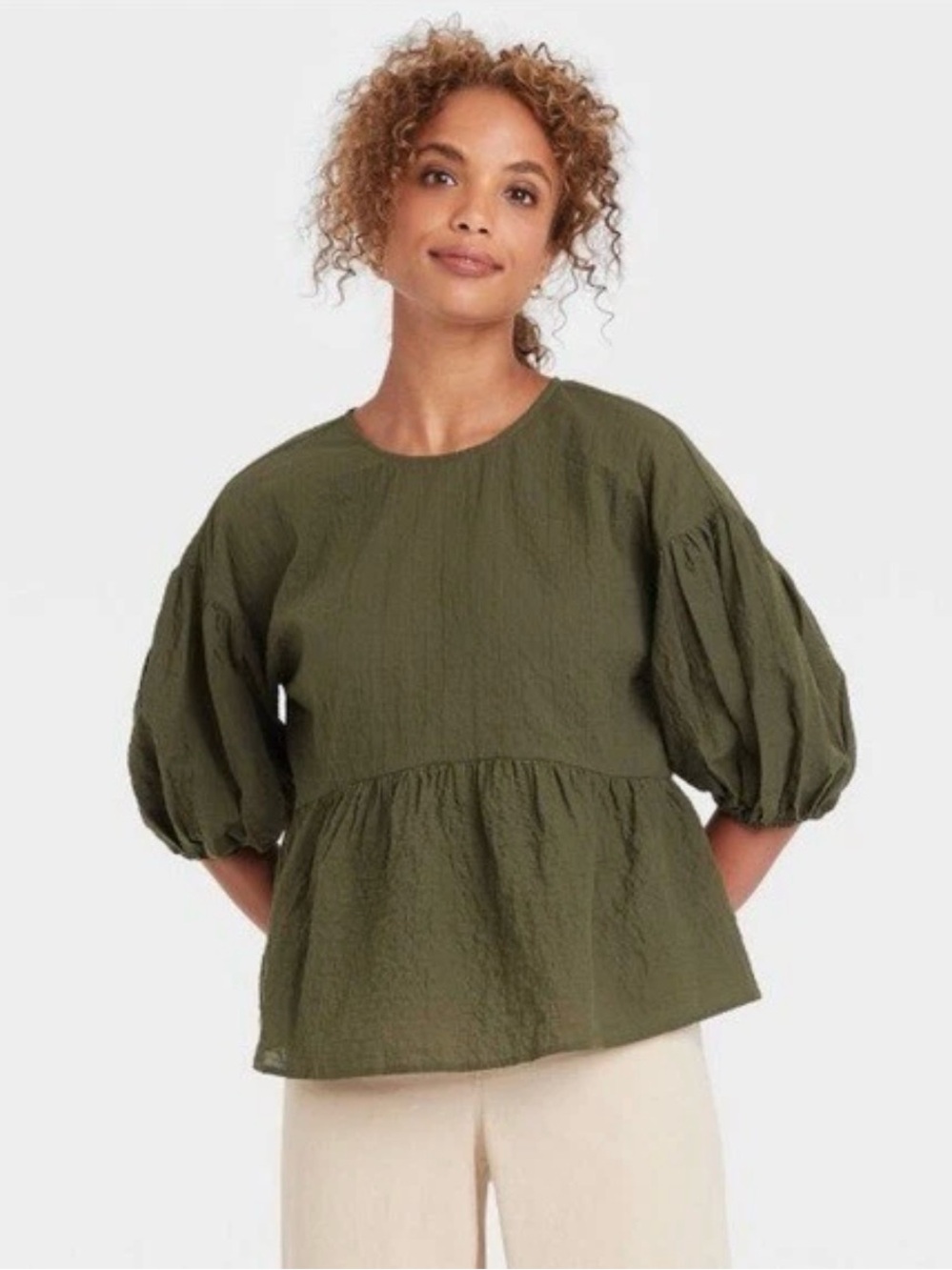 A New Day Olive Tiered 3/4 Puff Sleeve Top in Size Large